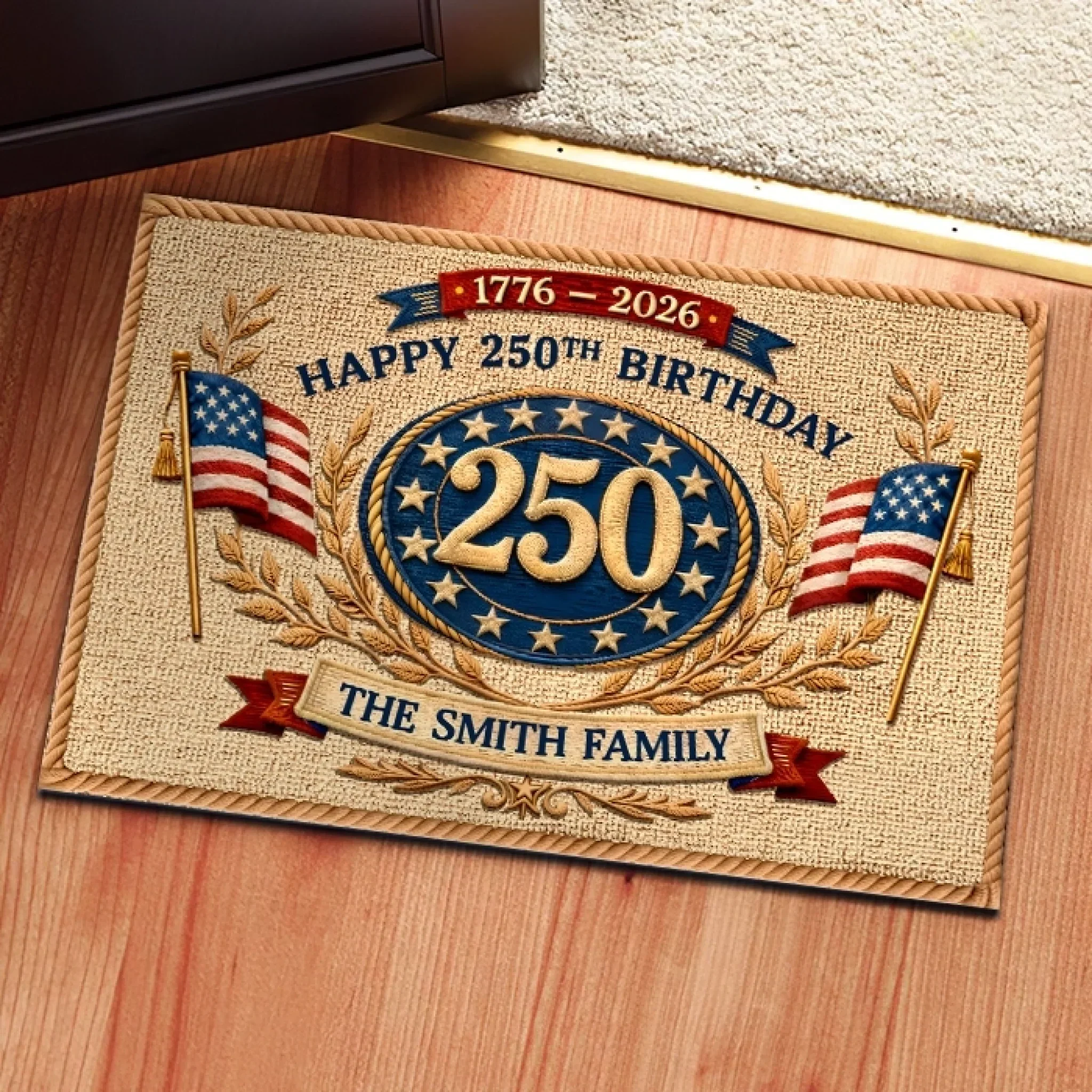 Happy American Flag 250th Anniversary - Personalized Doormat - Gift For Patriotic Family