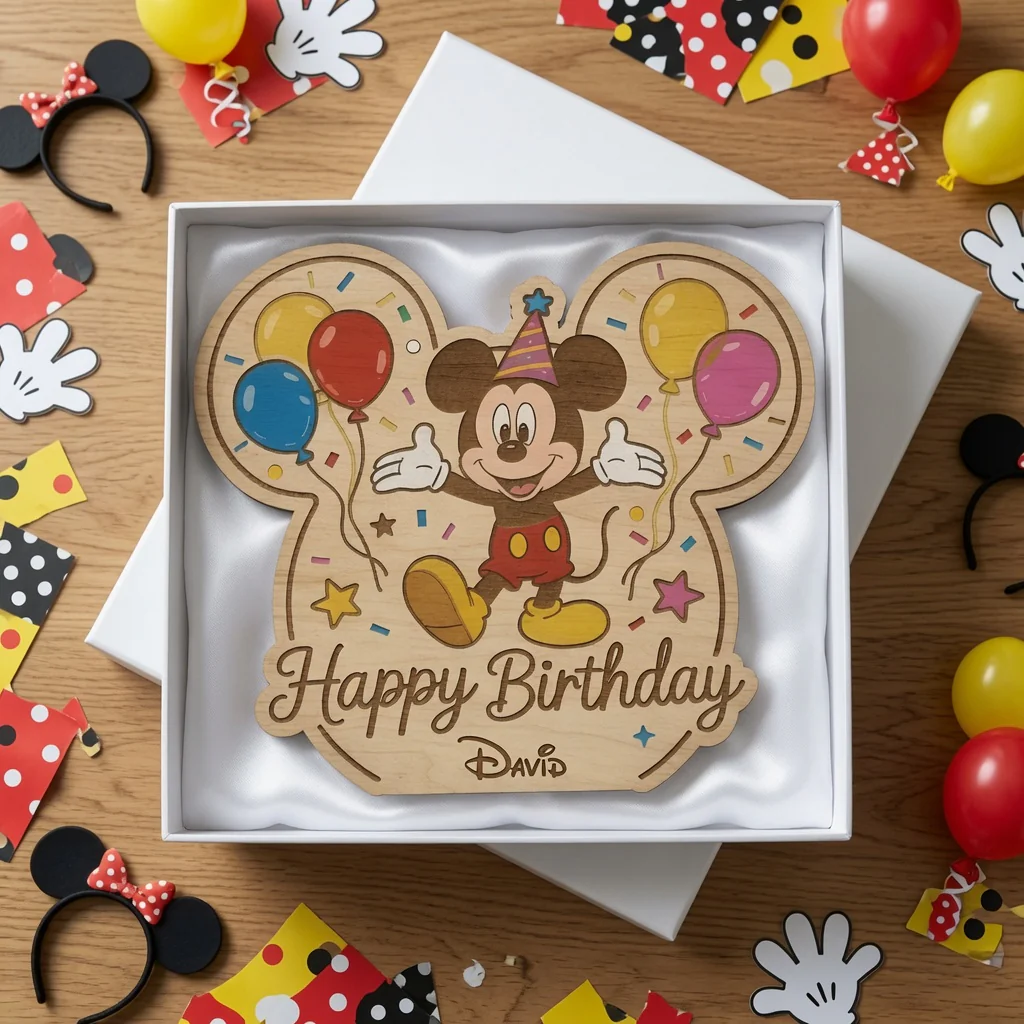 Happy Birthday With Magic Mouse - Personalized Custom Shape Woodsign - Party Decor MkMo HH01 - Image 4