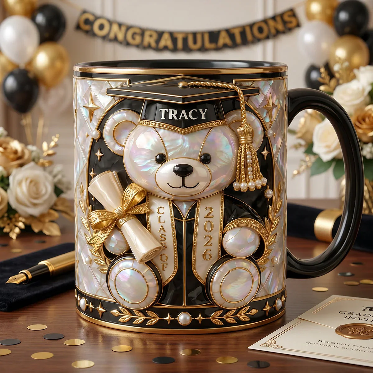 Happy Graduation With Lovely Bear - Personalized Accent Mug - Gifts For Graduates