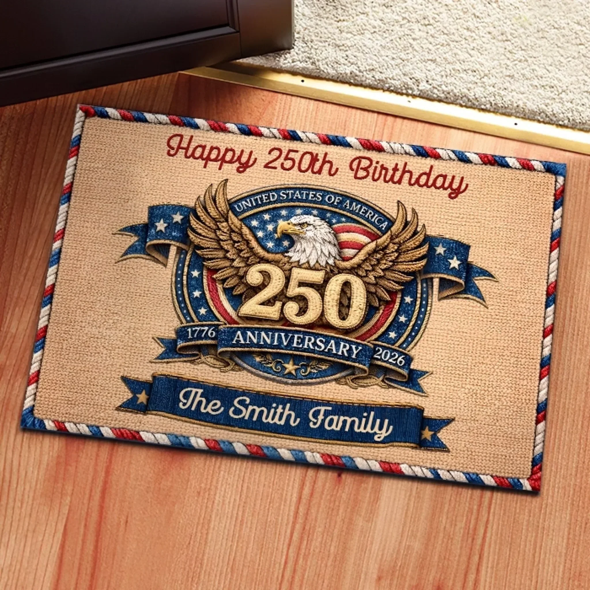 Happy USA 250th Anniversary Patriotic Eagle - Personalized Doormat - Gift For Patriotic Family