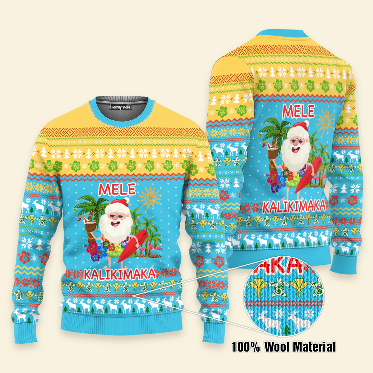 Hawaiian Santa Claus Mele Kalikimaka Sunset Ugly Christmas Sweater - Image 3
