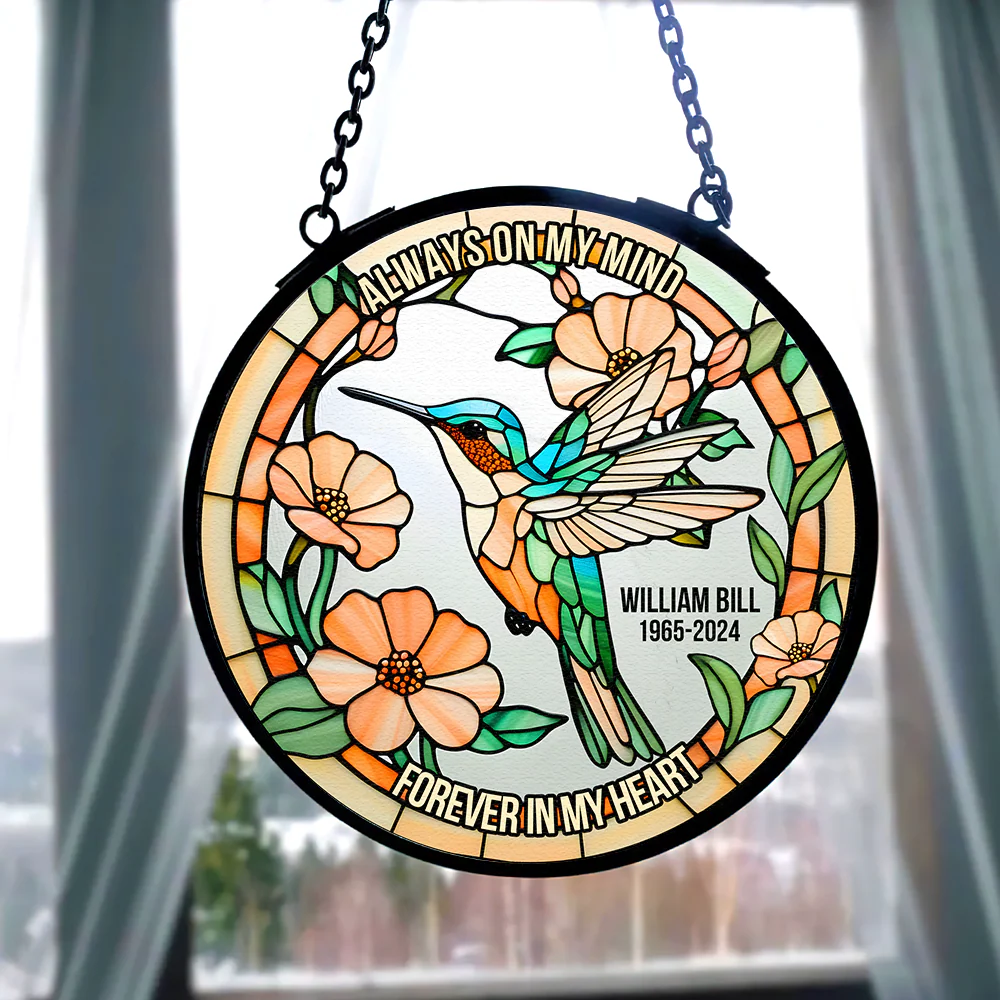 Heaven Hummingbird Always In My Heart - Personalized Stained Glass Window Hanging Suncatcher - Memorial Gift For Family Members | NA94 - Image 2