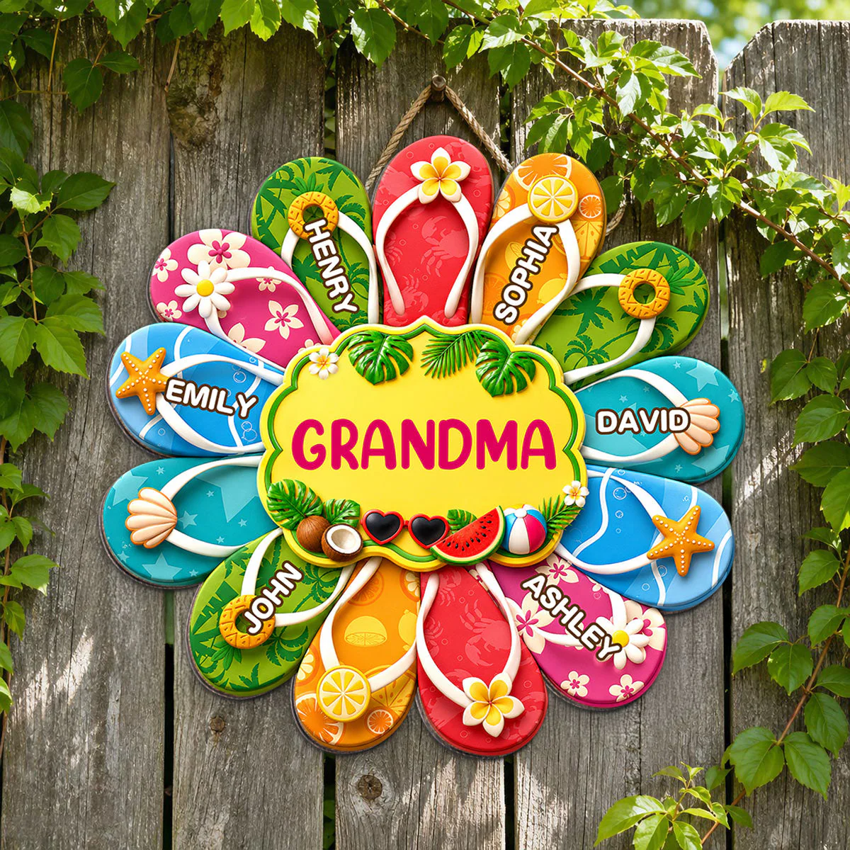 Hello Summer Grandma Flip Flop - Personalized Shaped Wood Sign - Gift For Grandma