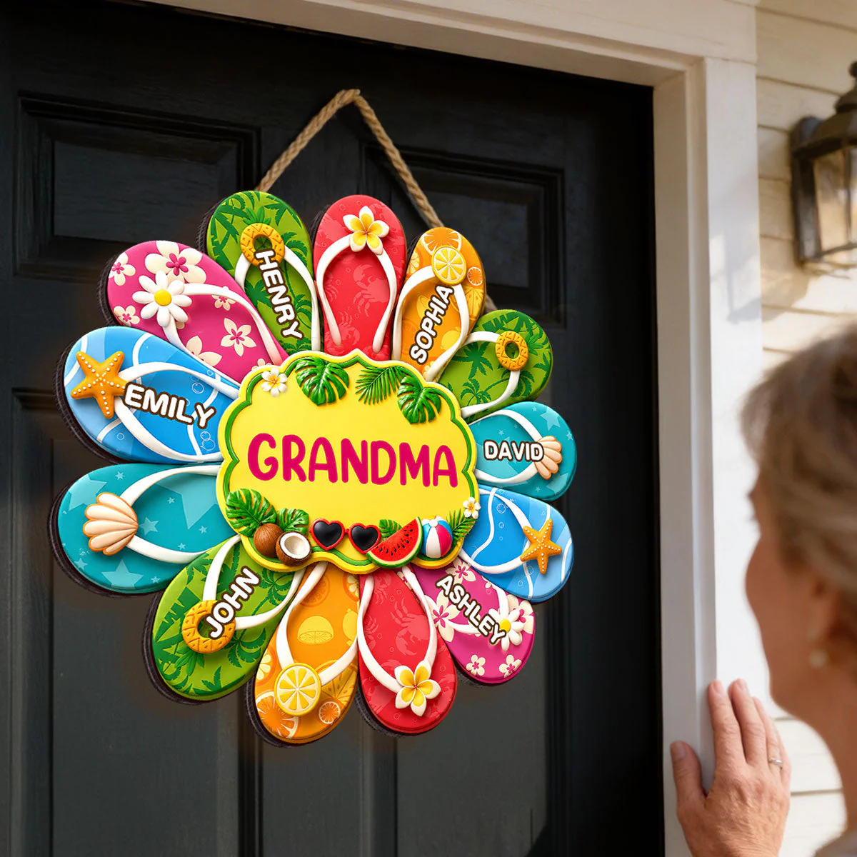 Hello Summer Grandma Flip Flop - Personalized Shaped Wood Sign - Gift For Grandma - Image 3