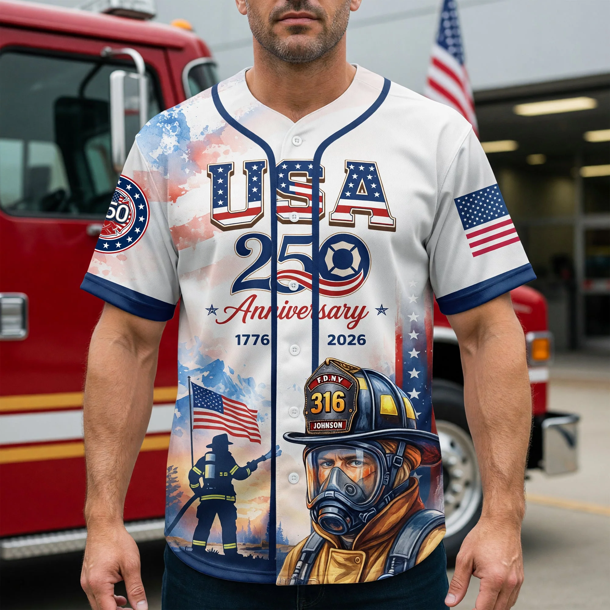 Heroic American Firefighter - Personalized Baseball Jersey - Gifts For Firefighter