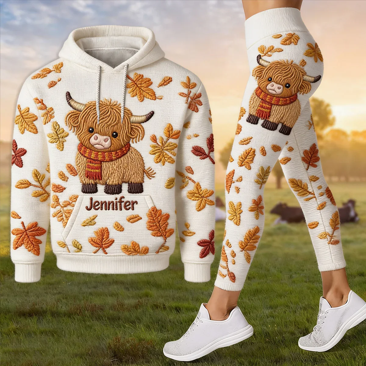 Highland Cow Fall Vibes - Personalized Hoodie And Leggings - Gift For Her, Farmers