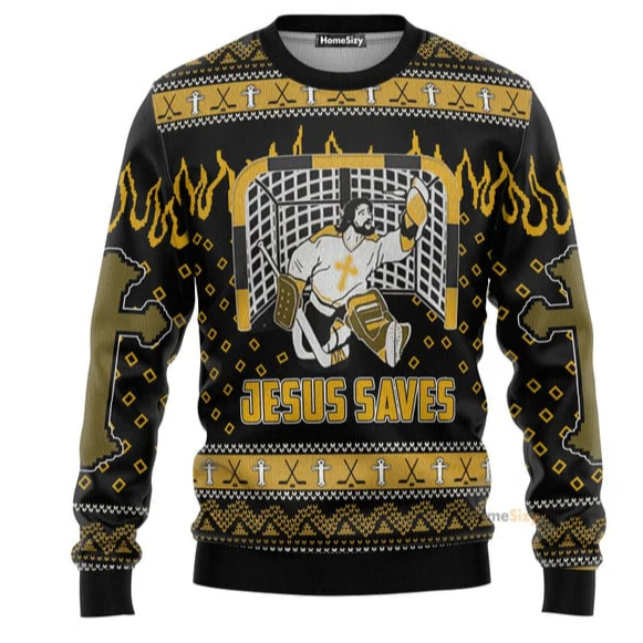 Hobby Funny Jesus Saves Hockey Ugly Christmas Sweater