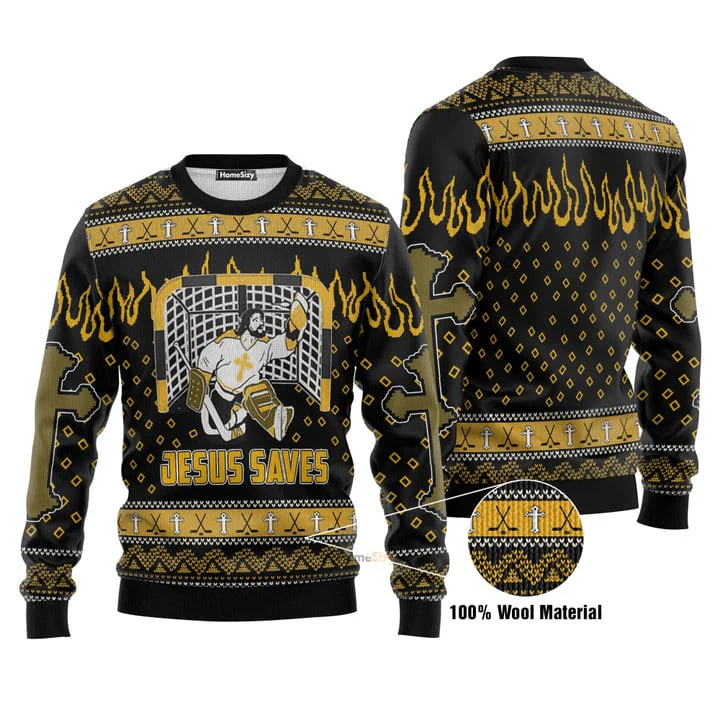 Hobby Funny Jesus Saves Hockey Ugly Christmas Sweater - Image 2