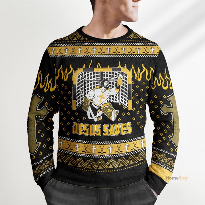 Hobby Funny Jesus Saves Hockey Ugly Christmas Sweater - Image 3
