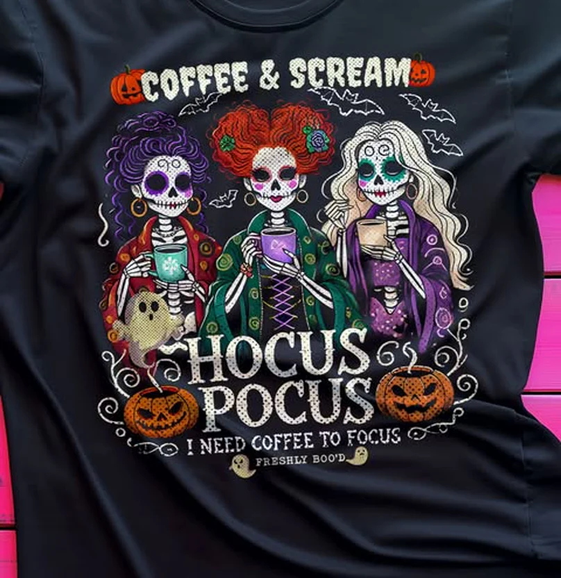 Hocus Pocus I Need Coffee To Focus Freshly Boo'd - T-Shirt - Halloween Gifts NL122 - Image 3