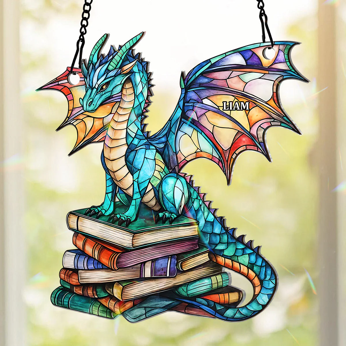 Holographic Book Dragon - Personalized Window Hanging Suncatcher