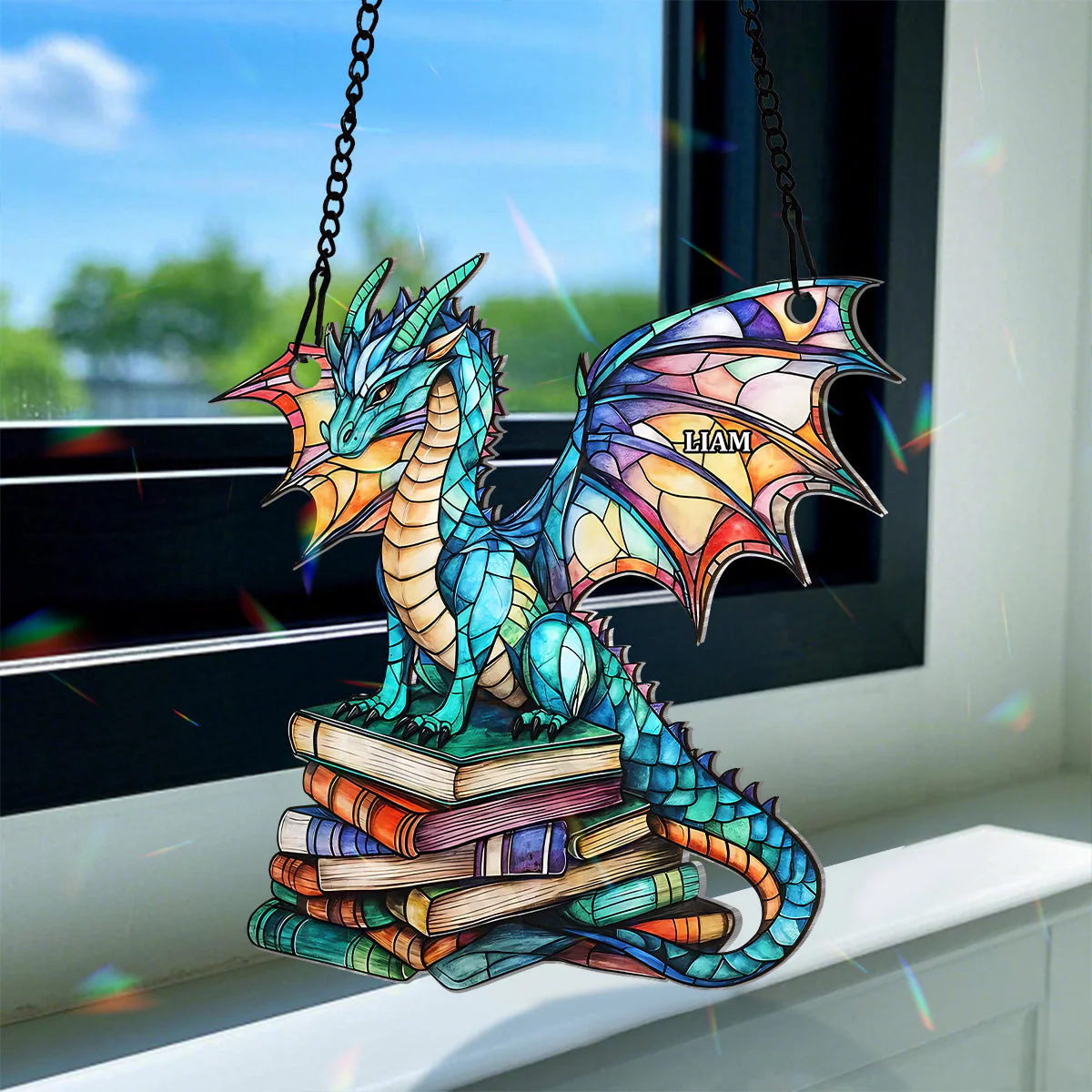 Holographic Book Dragon - Personalized Window Hanging Suncatcher - Image 5