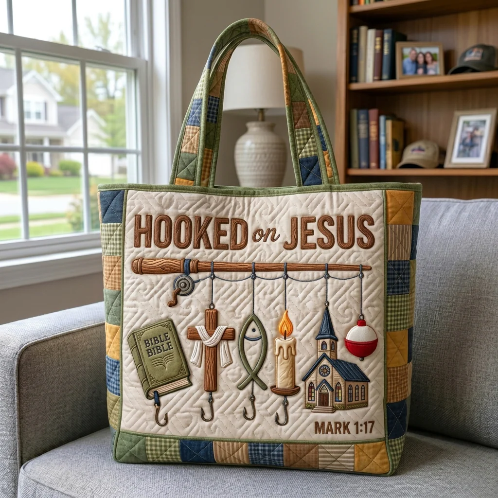 Hooked On Jesus Mark 1:17 Christian Fishing - Quilted Tote Bag - Gift For Fishing Lovers