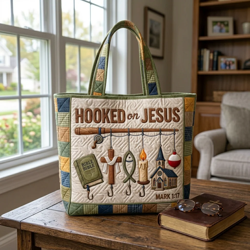 Hooked On Jesus Mark 1:17 Christian Fishing - Quilted Tote Bag - Gift For Fishing Lovers - Image 3