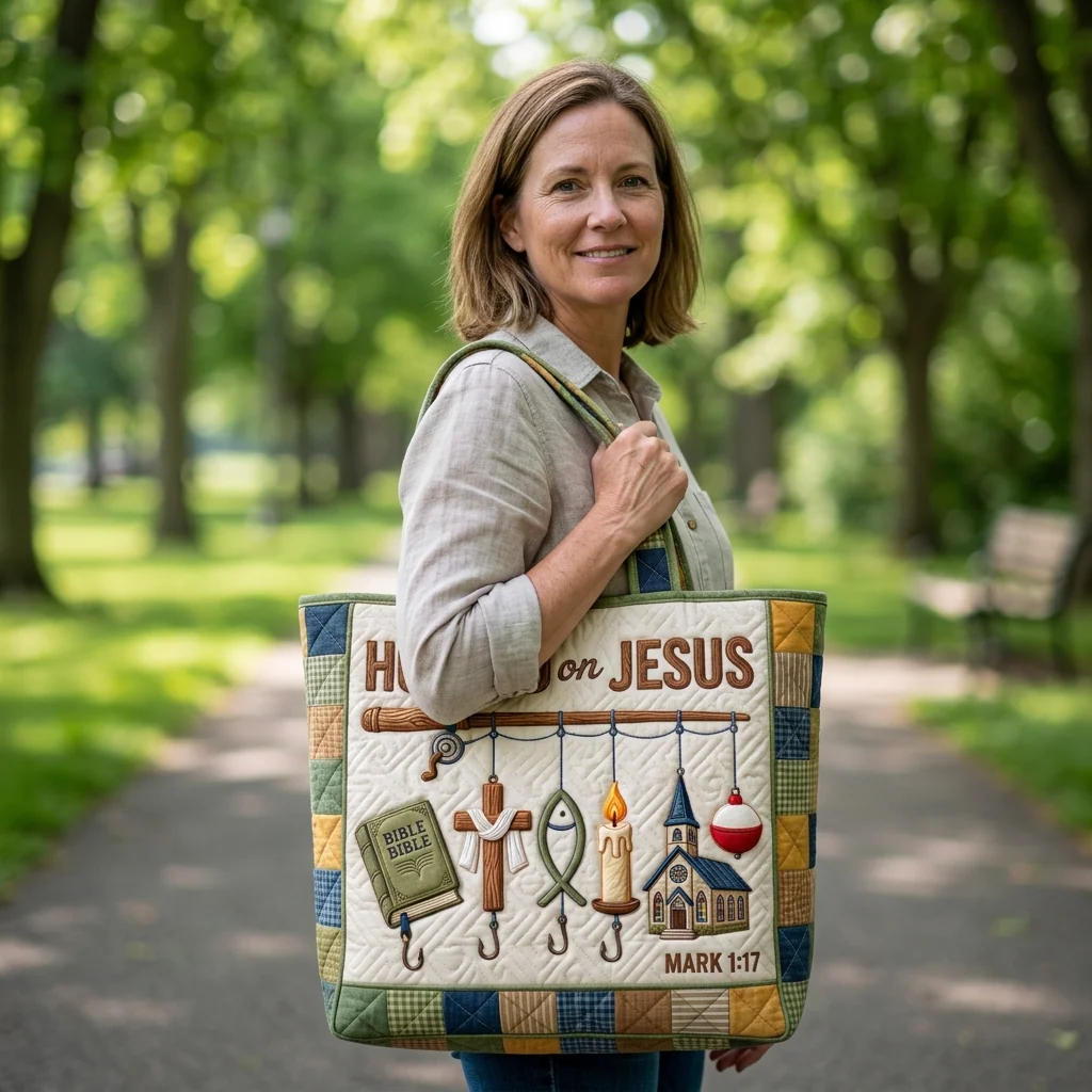 Hooked On Jesus Mark 1:17 Christian Fishing - Quilted Tote Bag - Gift For Fishing Lovers - Image 4