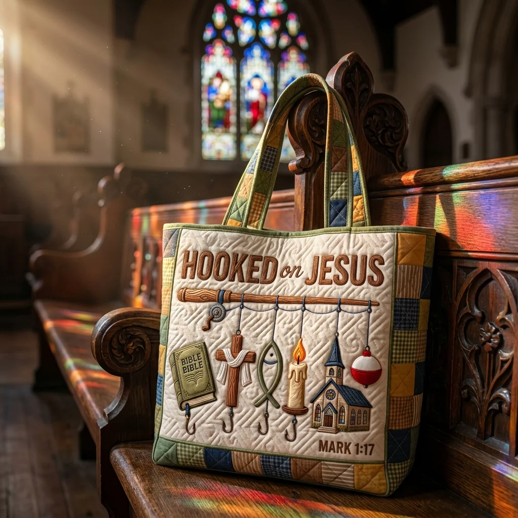 Hooked On Jesus Mark 1:17 Christian Fishing - Quilted Tote Bag - Gift For Fishing Lovers - Image 5