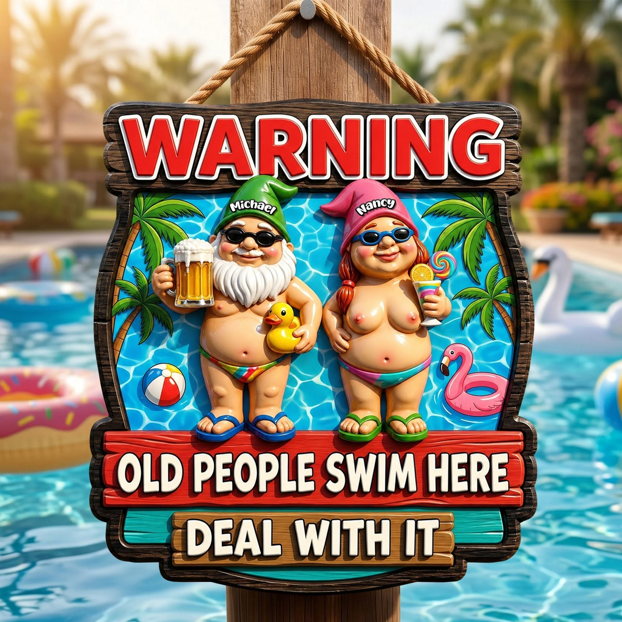 Summer Warning Old Gnomes - Personalized Shaped Metal Sign - Gift For Couples