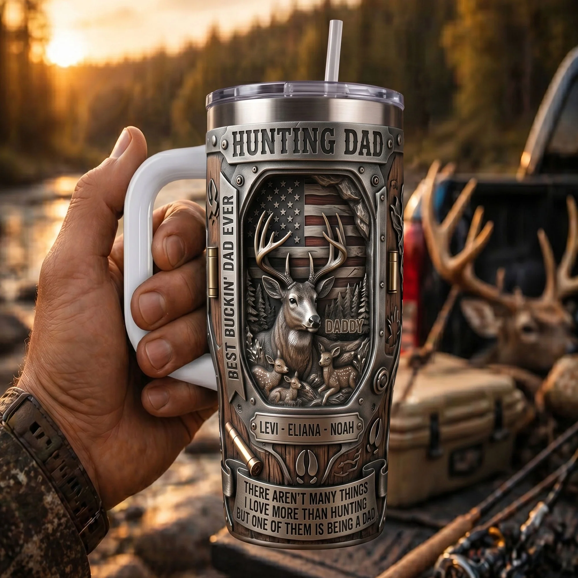 Hunting Dad Best Buckin' Dad Ever - Personalized Tumbler - Gift For Dad, Grandpa, Hunters