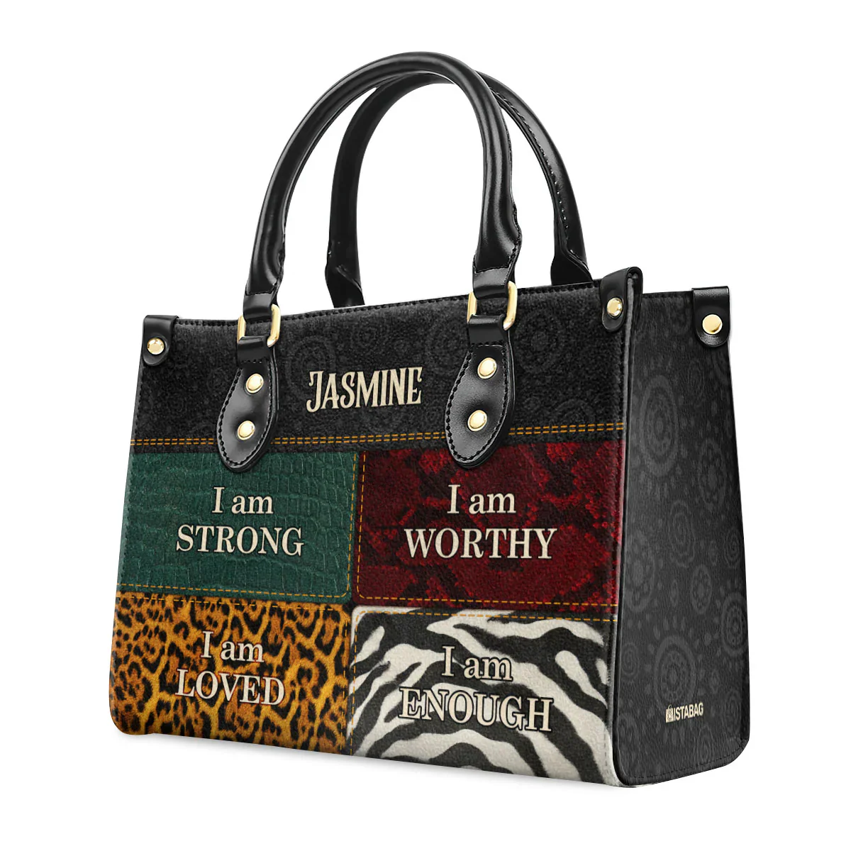 I Am Strong Worthy Loved Tote - Animal Print Leather Handbag - Personalized Gift For Black Women HD95 - Image 3