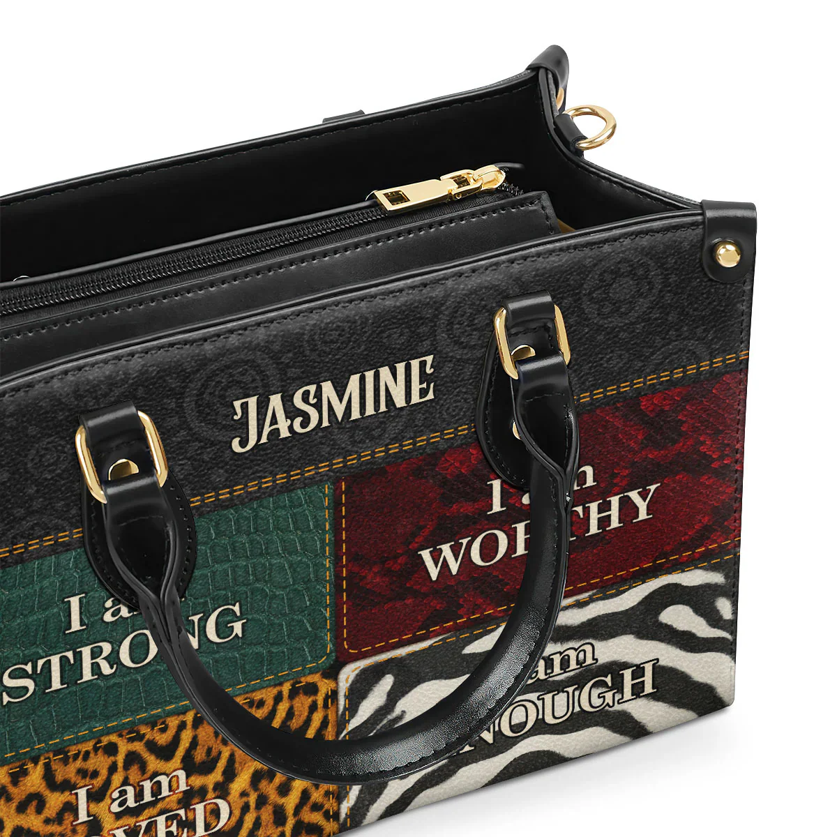 I Am Strong Worthy Loved Tote - Animal Print Leather Handbag - Personalized Gift For Black Women HD95 - Image 5