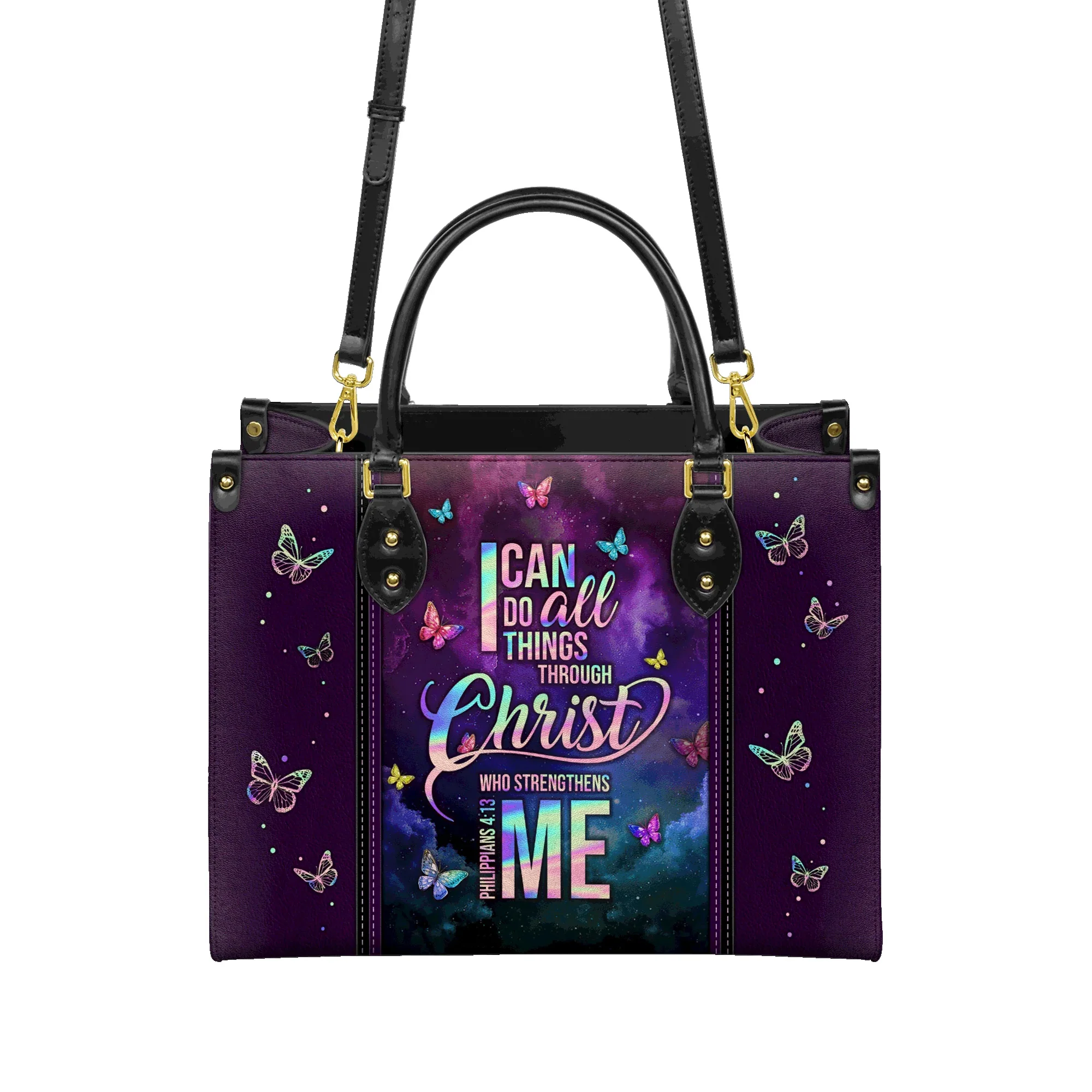 I Can Do All Things Through Christ Butterfly Colorful - Christian Leather Handbag