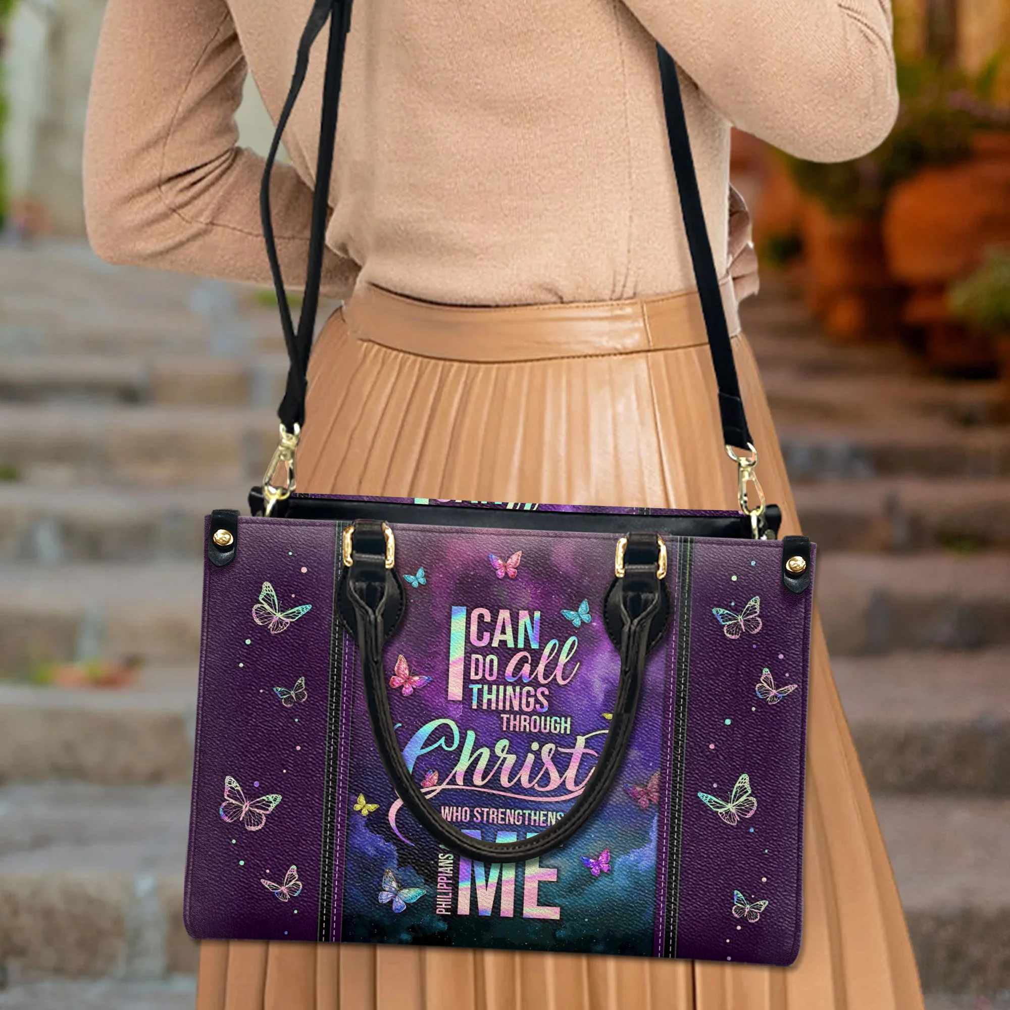 I Can Do All Things Through Christ Butterfly Colorful - Christian Leather Handbag - Image 4