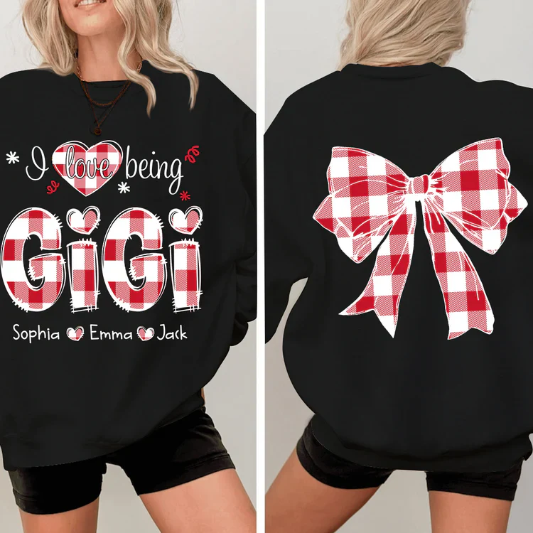 I Love Being Gigi Bow Buffalo Plaid - Personalized Sweatshirt With Design On Sleeve -  Meaningful Gifts For Grandma, Mom, Wife | Custom Sleeve NH96