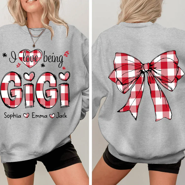 I Love Being Gigi Bow Buffalo Plaid - Personalized Sweatshirt With Design On Sleeve -  Meaningful Gifts For Grandma, Mom, Wife | Custom Sleeve NH96 - Image 11
