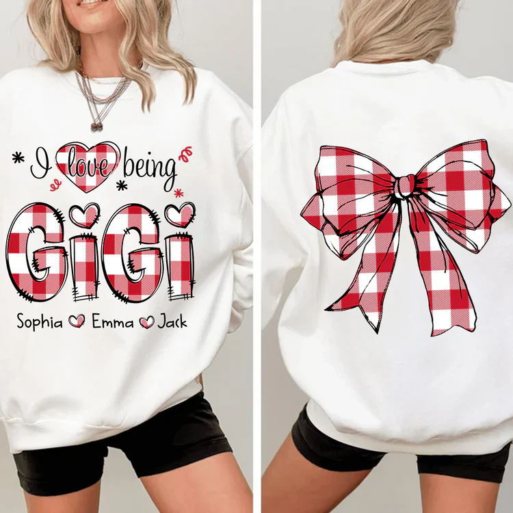 I Love Being Gigi Bow Buffalo Plaid - Personalized Sweatshirt With Design On Sleeve -  Meaningful Gifts For Grandma, Mom, Wife | Custom Sleeve NH96 - Image 2