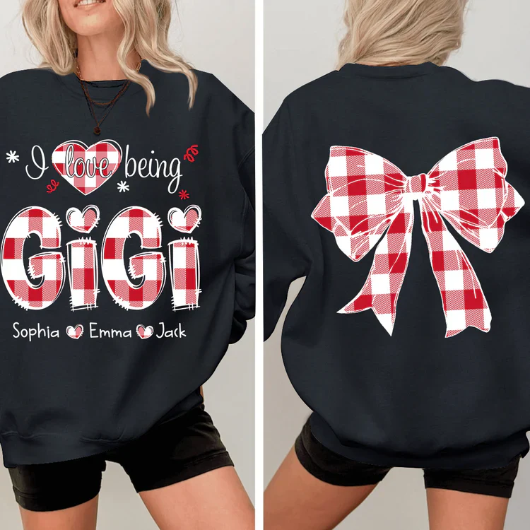 I Love Being Gigi Bow Buffalo Plaid - Personalized Sweatshirt With Design On Sleeve -  Meaningful Gifts For Grandma, Mom, Wife | Custom Sleeve NH96 - Image 3