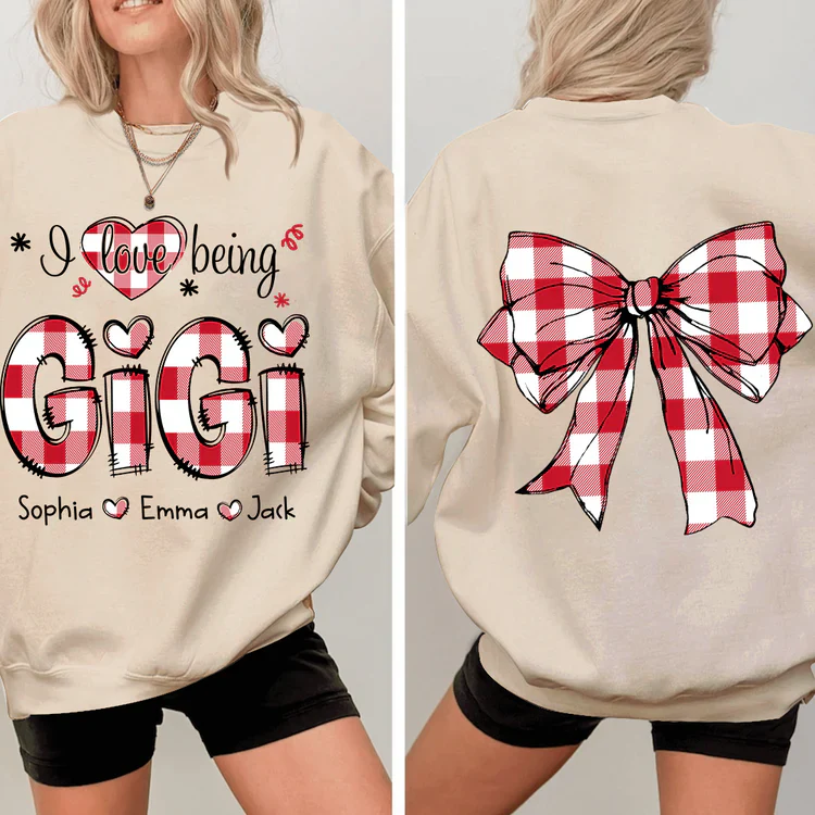 I Love Being Gigi Bow Buffalo Plaid - Personalized Sweatshirt With Design On Sleeve -  Meaningful Gifts For Grandma, Mom, Wife | Custom Sleeve NH96 - Image 4