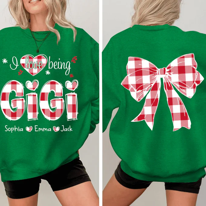 I Love Being Gigi Bow Buffalo Plaid - Personalized Sweatshirt With Design On Sleeve -  Meaningful Gifts For Grandma, Mom, Wife | Custom Sleeve NH96 - Image 5