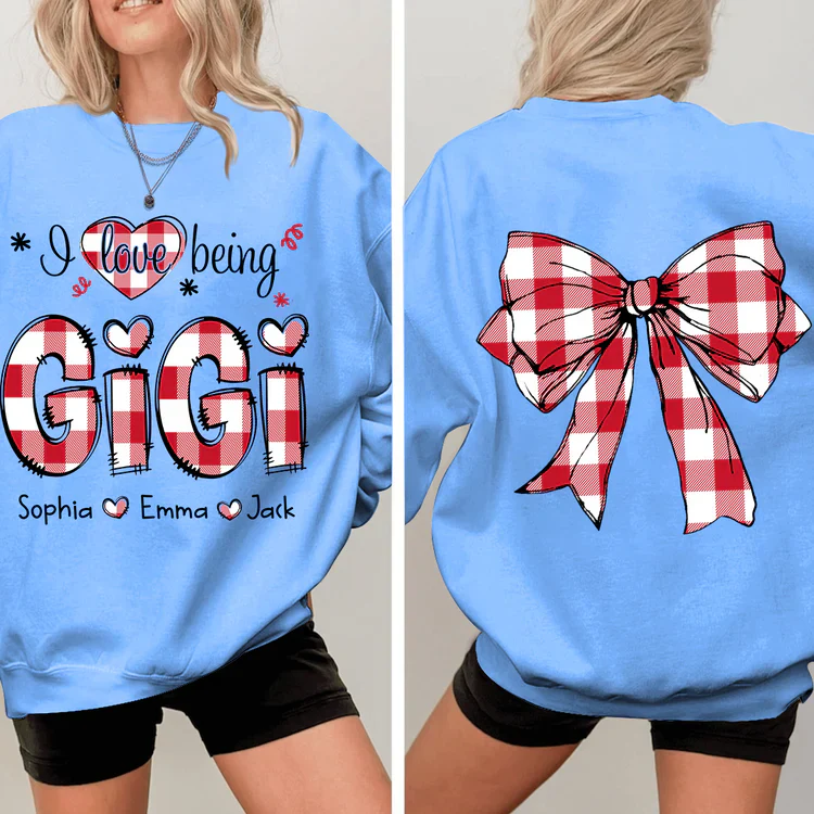 I Love Being Gigi Bow Buffalo Plaid - Personalized Sweatshirt With Design On Sleeve -  Meaningful Gifts For Grandma, Mom, Wife | Custom Sleeve NH96 - Image 6