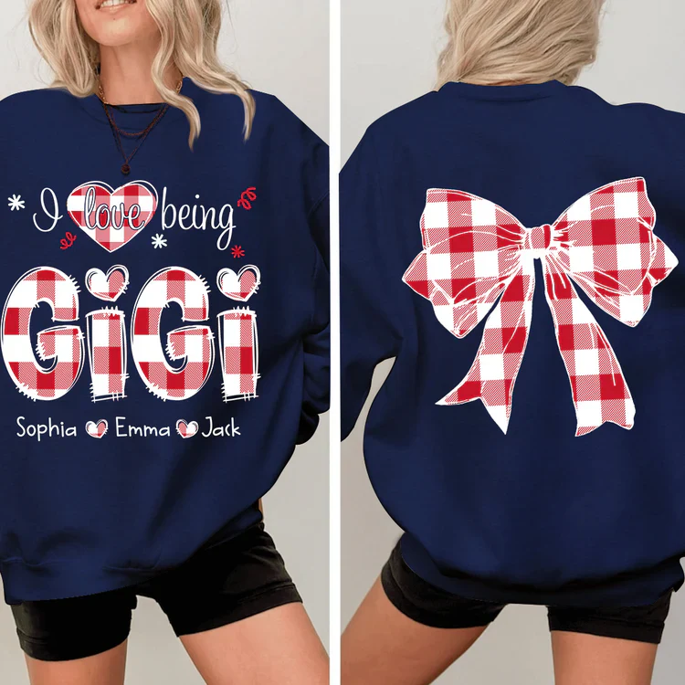 I Love Being Gigi Bow Buffalo Plaid - Personalized Sweatshirt With Design On Sleeve -  Meaningful Gifts For Grandma, Mom, Wife | Custom Sleeve NH96 - Image 9