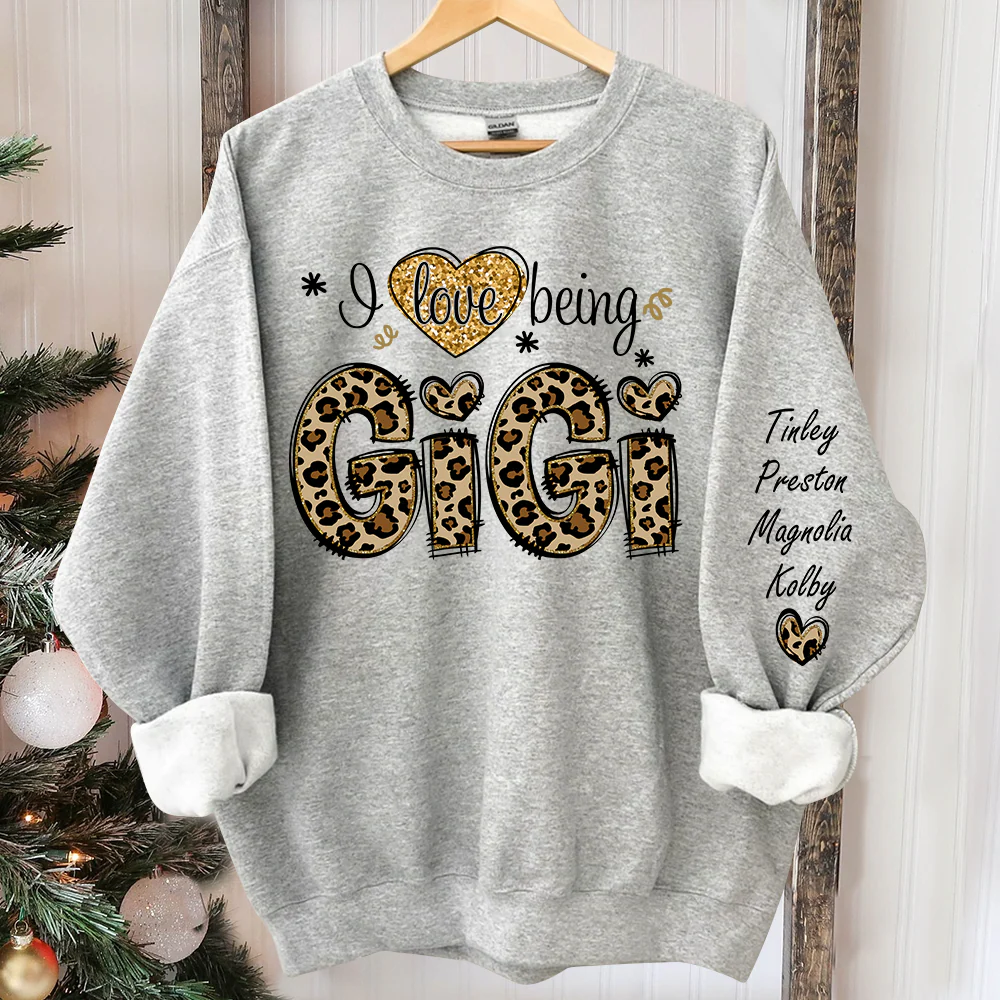 I Love Being Grandma Leopard - Personalized Sweatshirt With Design On Sleeve - Gift For Grandma, Mom, Wife - NH96