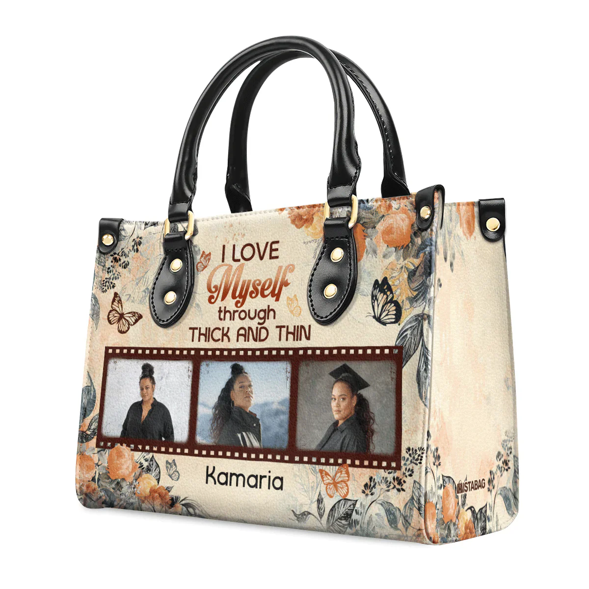 I Love Myself Tote with Photos - Custom Photo Leather Handbag - Gift For Black Women | HD95 - Image 2