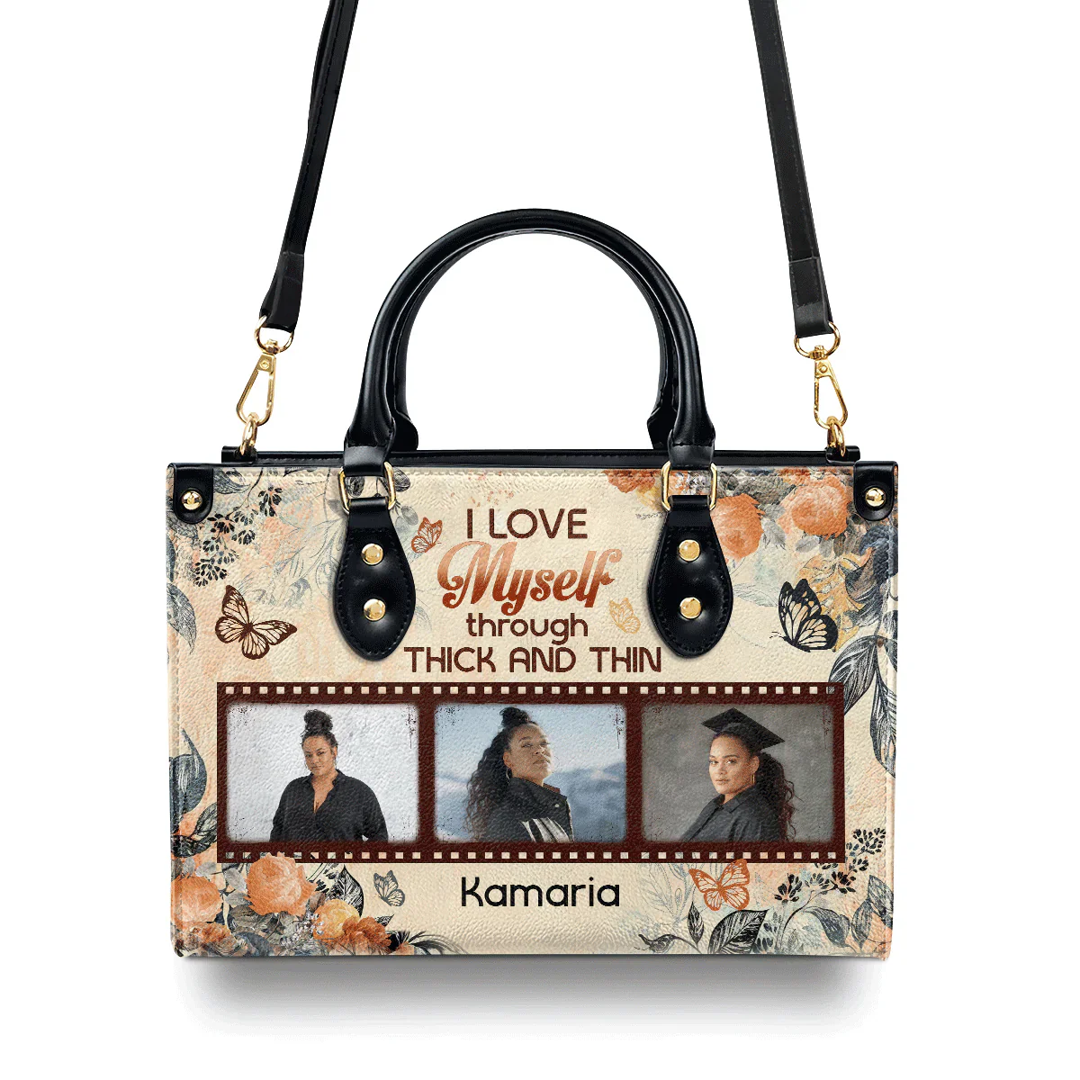 I Love Myself Tote with Photos - Custom Photo Leather Handbag - Gift For Black Women | HD95 - Image 3