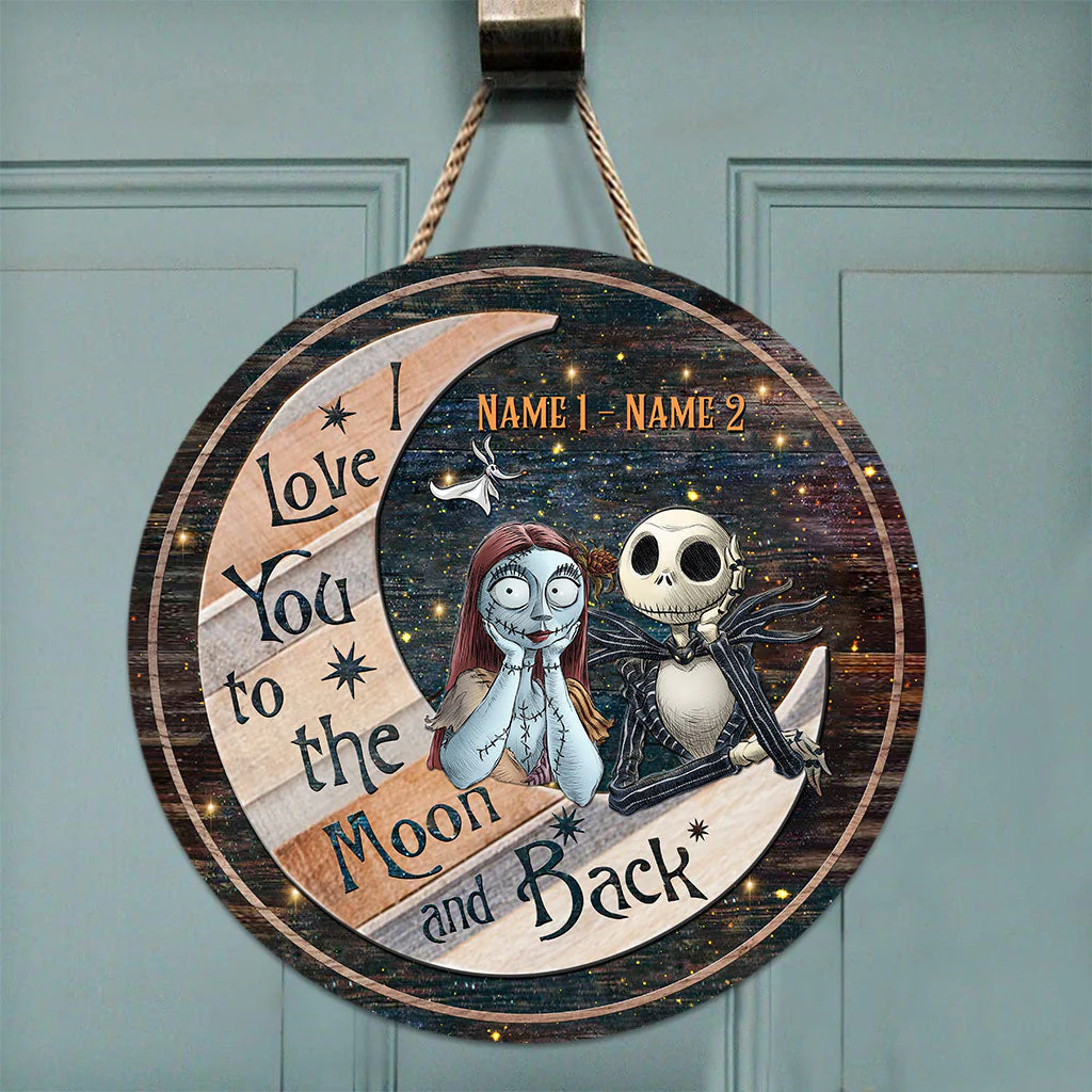 I Love You To The Moon And Back Skeleton Couple - Personalized Round Wood Sign NL122 - Image 4