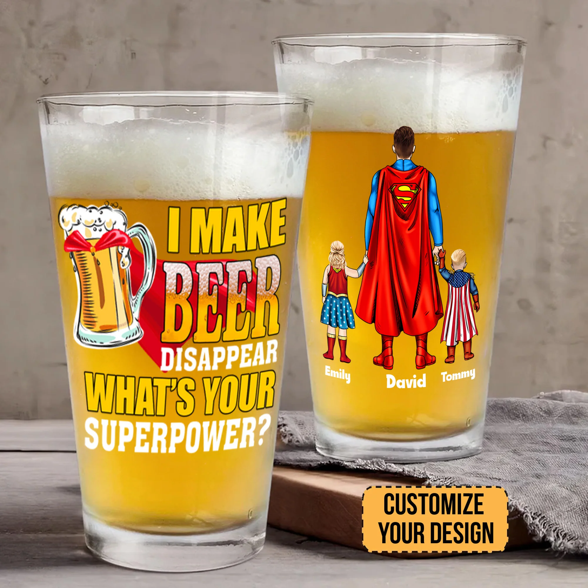 Super Hero I Make Beer Disappear What Is Your Super Power - Personalized Beer Glass, Gift For Dad
