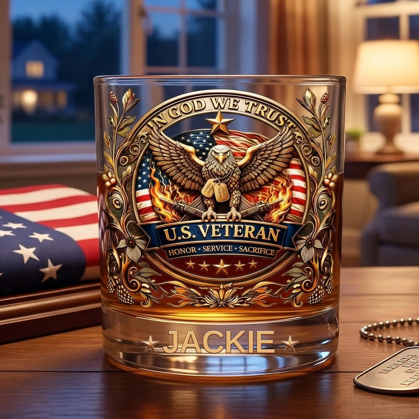 In God We Trust U.S. Veteran 250th Anniversary - Personalized Whiskey Glass - Gift For Patriots, Veterans - Image 4