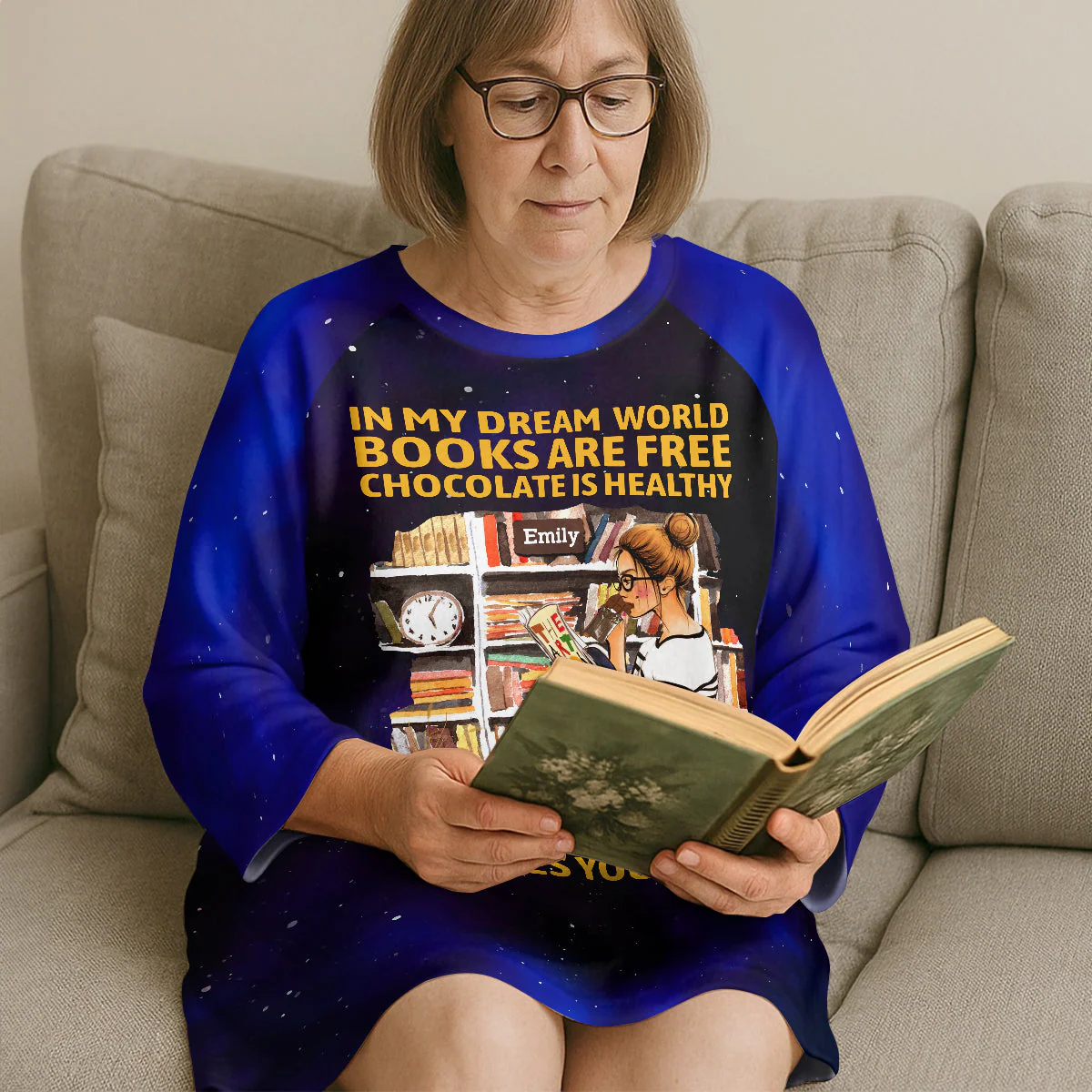 In My Dream World Books Are Free Chocolate Is Healthy And Reading - Personalized Sleep Tee - Image 2