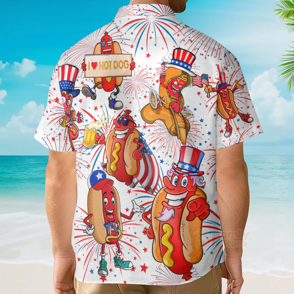 Independence Day 4th of July Funny Hot Dog American Flag Aloha - Hawaiian Shirts - Image 3