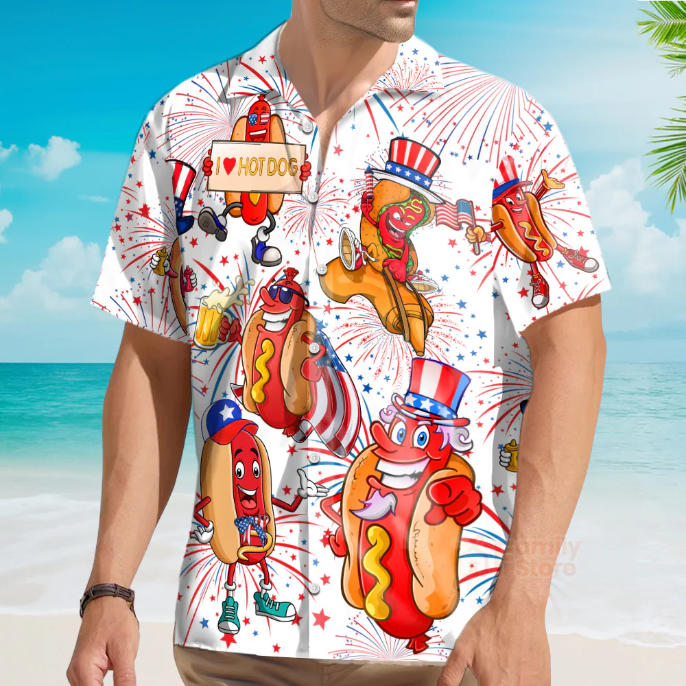 Independence Day 4th of July Funny Hot Dog American Flag Aloha - Hawaiian Shirts - Image 4
