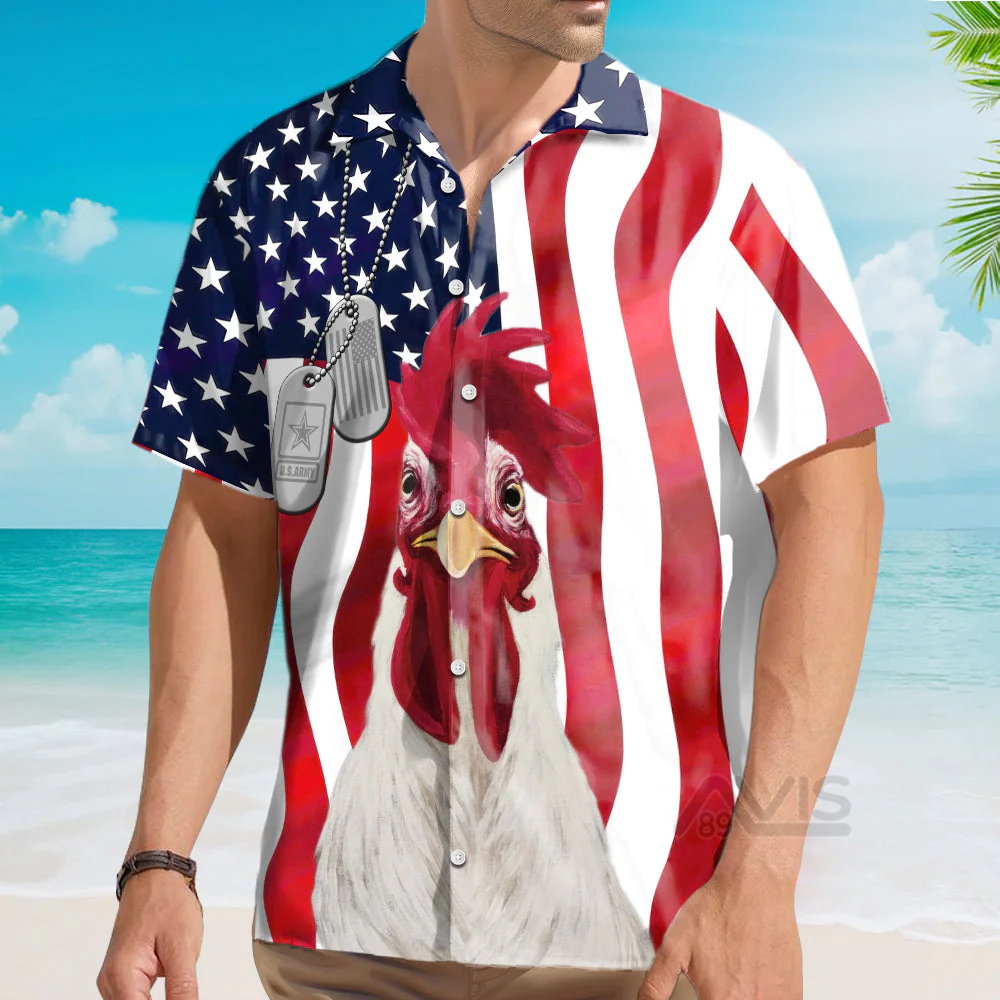 Independence Day American Flag Fun Rooster Breast - Hawaiian Shirt - Image 4