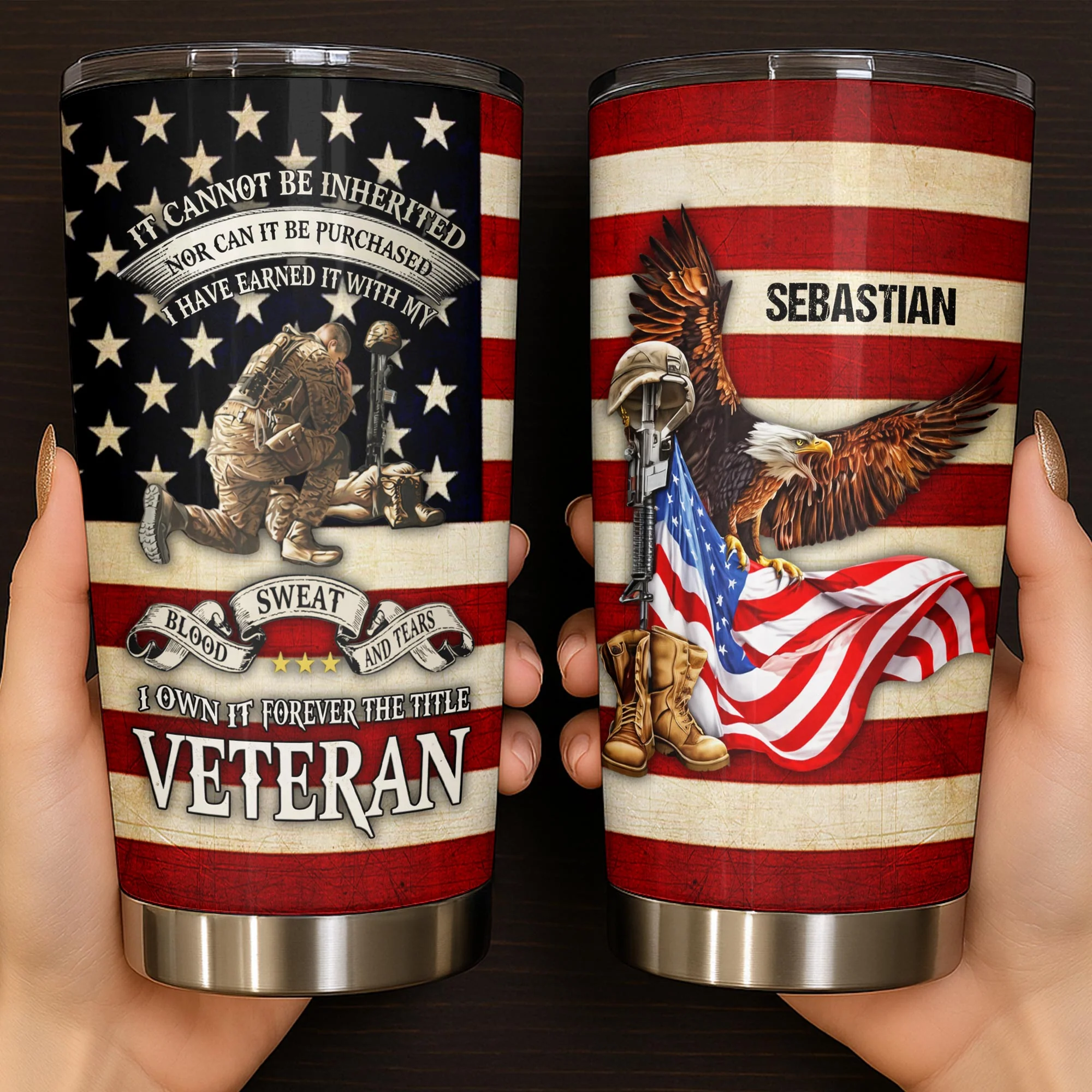 It Cannot Be Inherited Veteran American Flag Eagle And Soldier - Personalized Tumbler - Gift For Patriots