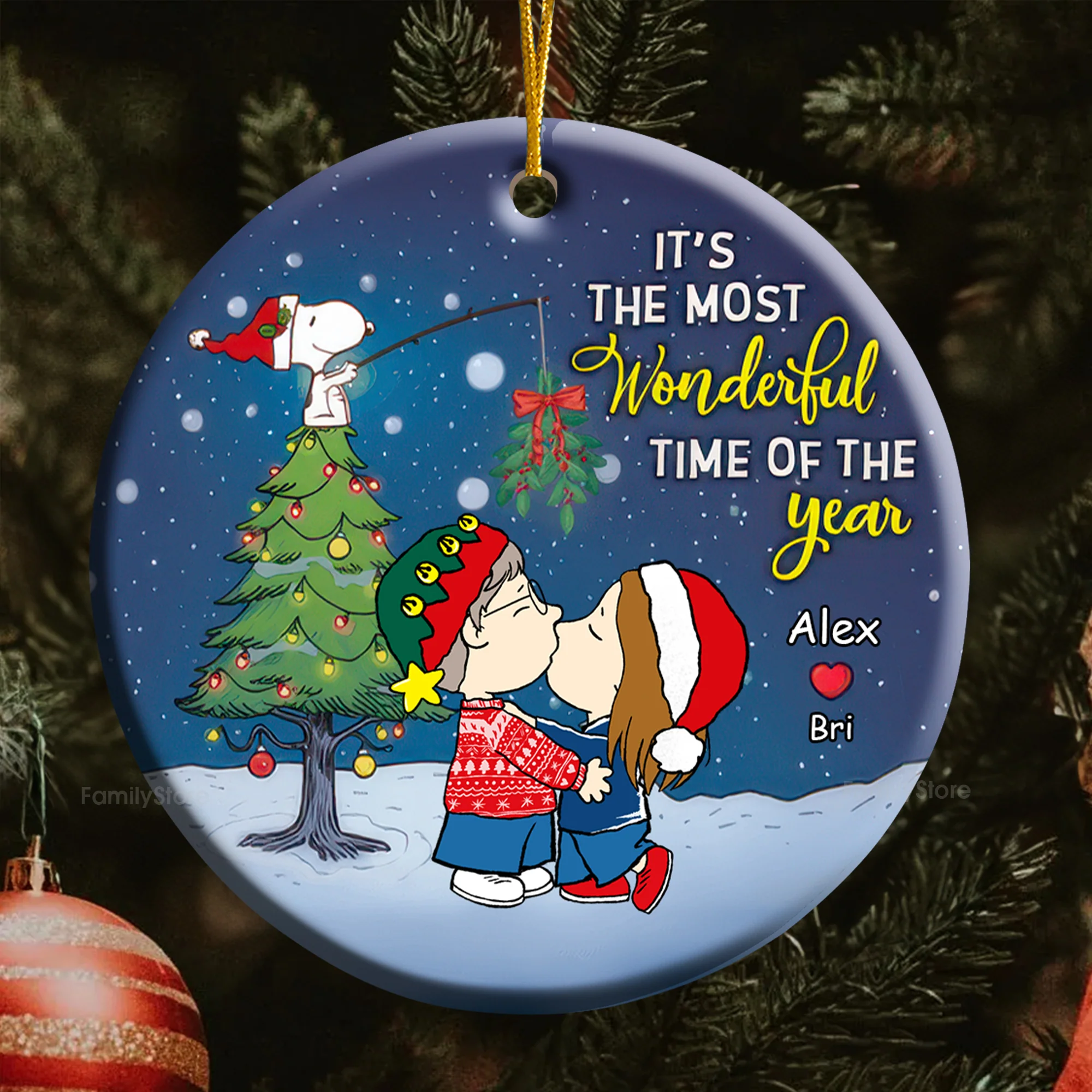 It's The Most Wonderful Time Of The Year Peanut Under The Mistletoe - Personalized Ceramic Ornament - Gift For Couple, Husband Wife - CL45 NH96