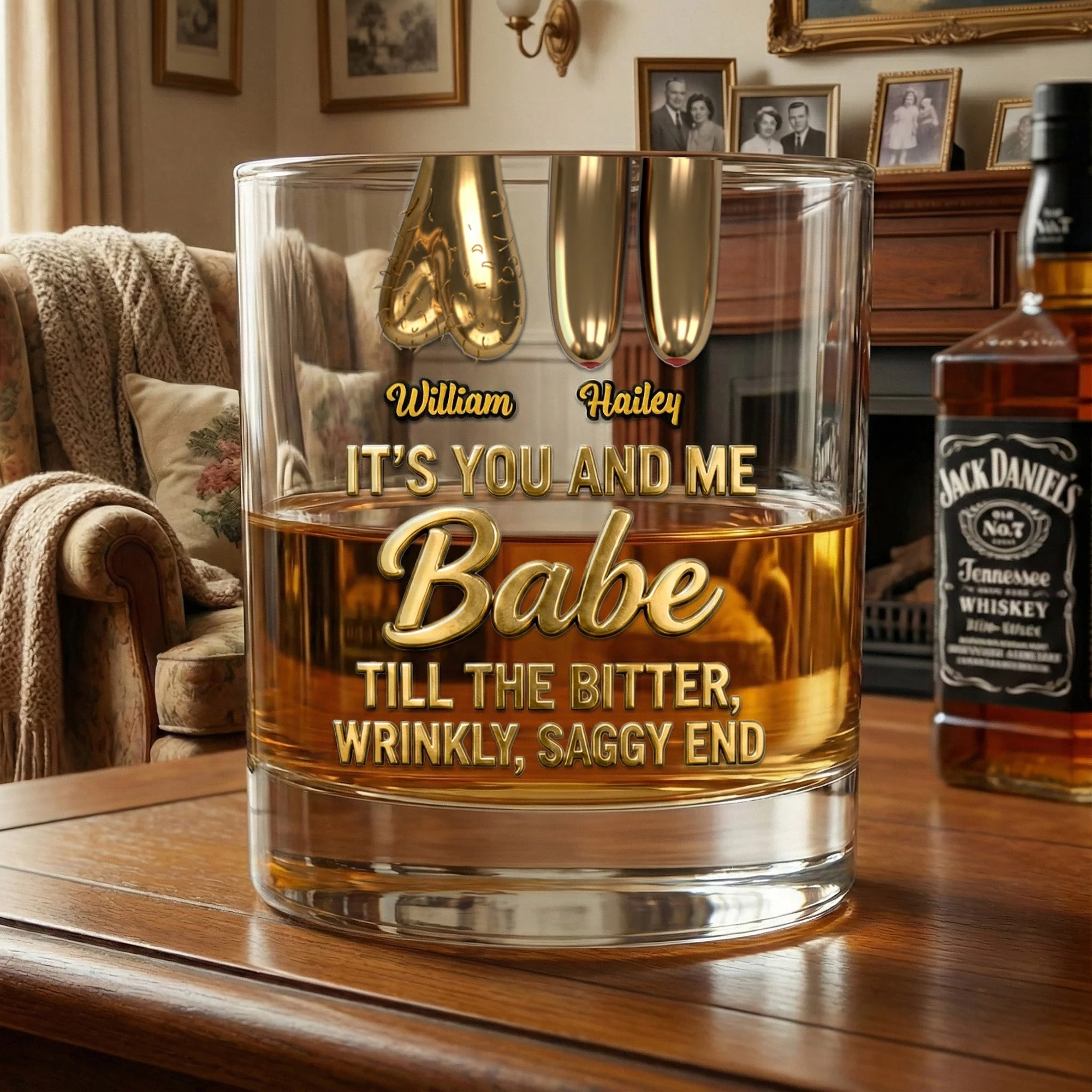 It's You And Me Babe Till The Bitter, Wrinkly, Saggy End - Personalized Whiskey Glass - Gift For Funny Couples NL122