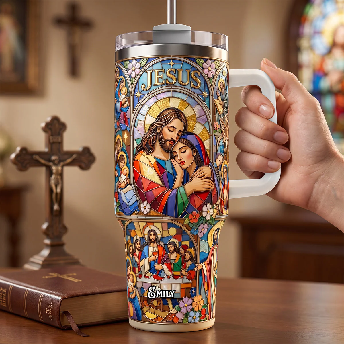 Jesus And The Saints - Personalized Tumbler With Handle - Gift For Christians - Image 3
