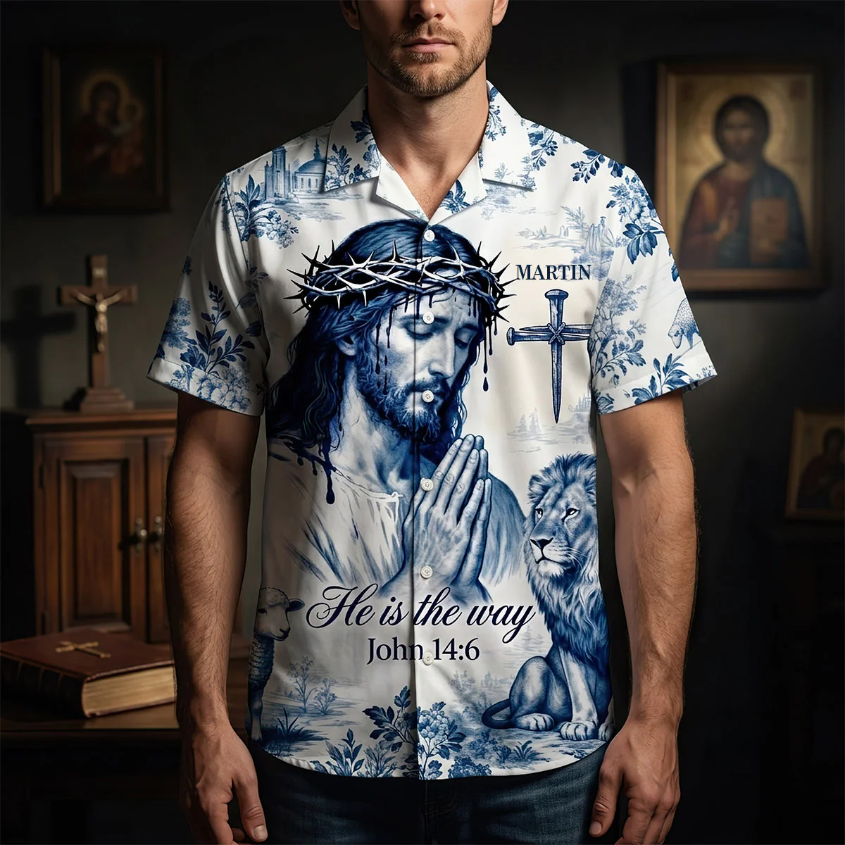 Jesus Christ Prayer He Is The Way Toile de Jouy - Personalized Hawaiian Shirt - Gift For Christian - Image 2