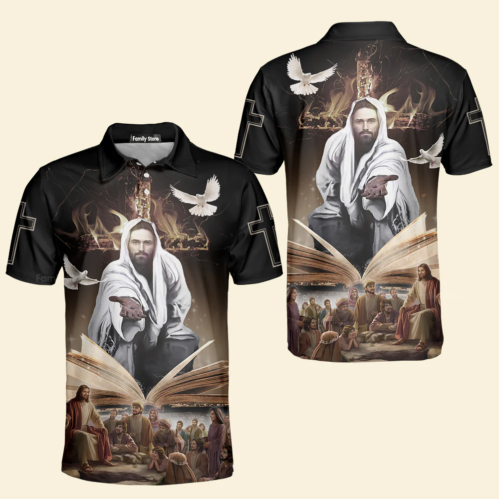 Jesus Give His Hand And Holy Bible - Men Polo Shirt - Image 4